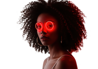 Woman with glowing red circles over eyes on transparent background