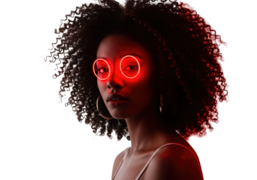 Woman with glowing red circles over eyes on transparent background - Powered by Adobe