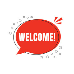 Welcome chat bubble icon, red text message design. Greeting speech bubble with welcome text. Flat style welcome message vector.