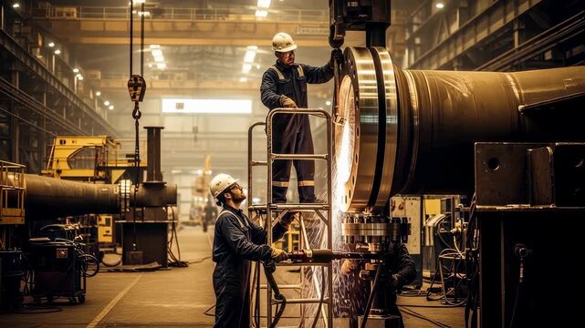 Steel workers tightening massive flange bolts on subsea riser segments amid heavy equipment and metal structures on factory floor.