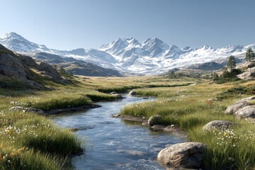 Serene Mountain Stream Flowing Through Lush Green Meadows