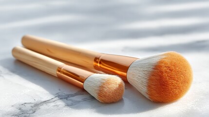 Two makeup brushes with wooden handles and orange bristles on marble