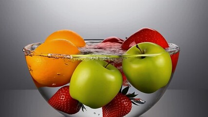 A glass bowl filled with water containing oranges, green apples, and strawberries. - Powered by Adobe