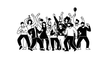 A lively group of diverse people celebrating and dancing joyfully at a party, with some wearing festive hats and holding balloons.