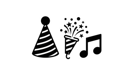 Black and white illustration of a party hat, confetti popper with stars, and a musical note, symbolizing celebration.