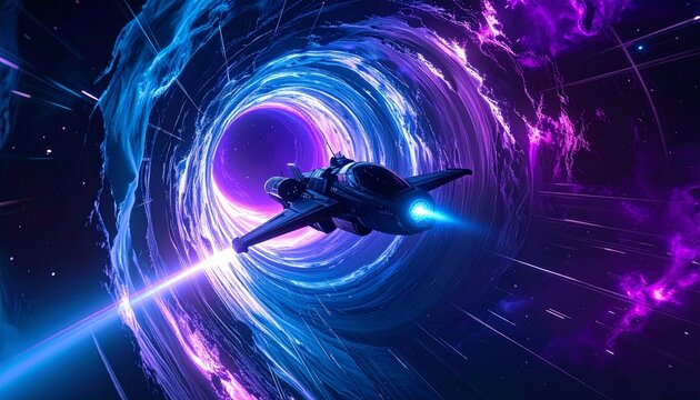 Luminous Voyage: Starship Plunging into a Swirling Blue and Purple Wormhole