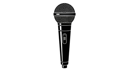 A black and white illustration of a classic handheld microphone with a mesh grille and a solid handle.