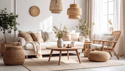 Sunlit Japandi Living Room with Woven Rattan Lamps and Earthy Textures.