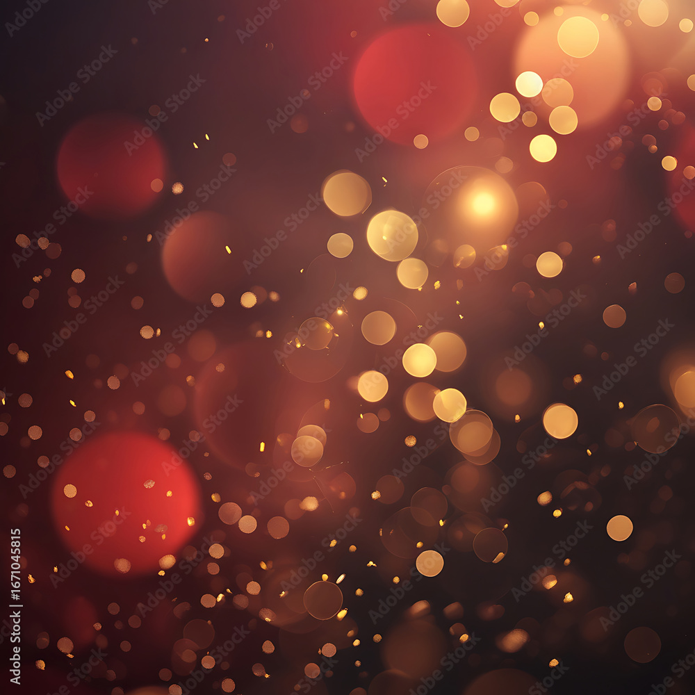 Poster warm bokeh lights background with festive sparkle and deep red hues.