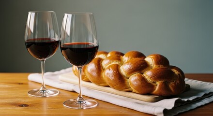 Red wine in glasses beside challah bread on a wooden board and linen cloth