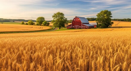 Red barn in a golden wheat field under a clear blue sky on a sunny day