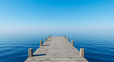 Naklejka premium Serene Wooden Pier Extending into Vast Blue Ocean Under Clear Sky, Calm Water to Horizon