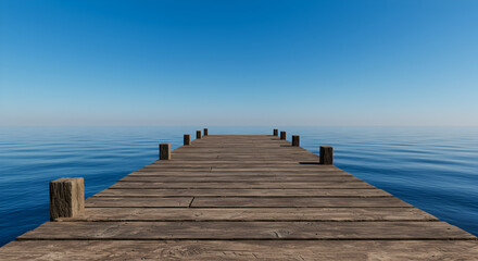 Obraz premium Peaceful Wooden Pier Stretching into Calm Blue Sea Under Clear Sky