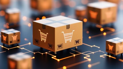 A digital illustration of shipping boxes with shopping cart icons, representing e-commerce and logistics in a modern, interconnected environment.