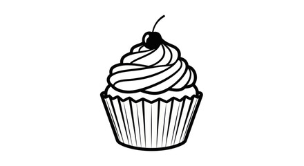 Black and white illustration of a cupcake with frosting and a cherry on top.