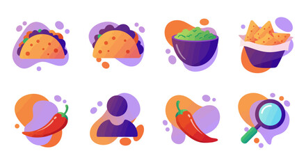 A collection of modern flat icons representing Mexican food, including tacos, guacamole, nachos, and chili peppers.
