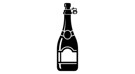 Black and white illustration of a champagne bottle with a cork and label.