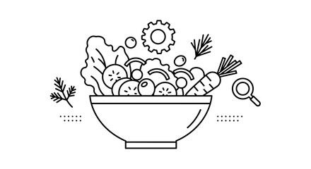 A conceptual line art illustration of a healthy salad bowl with vegetables, a gear, and a magnifying glass representing food science and nutrition.