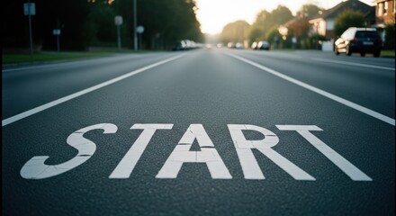 Road with the word "START" painted on asphalt towards blurred distant cars