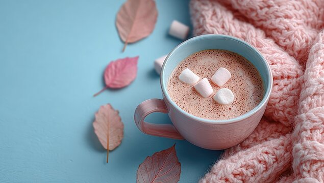 Cozy hot cocoa with marshmallows and leaves - Powered by Adobe
