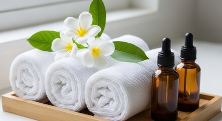 Rolled towels, white flowers, and glass bottles sit on a wooden tray