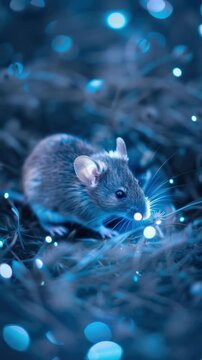 Night scene with tiny mouse in front of lit tree