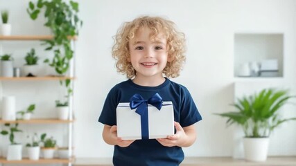 Happy child boy with curly hair holding white gift box with blue ribbon, smiling and expressing joy bright modern living room, surrounded by green houseplants, cheerful atmosphere, present