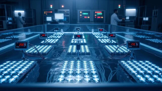 Industrial testing of large battery arrays cooled by immersion in a transparent basin filled with cooling liquid emphasizing temperature stability.