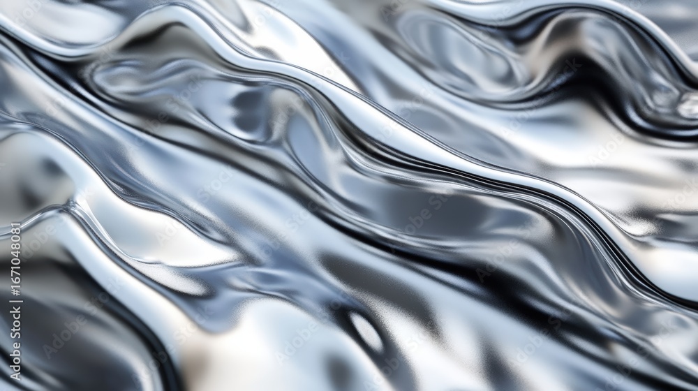 Poster a close-up view of flowing metallic waves, showcasing smooth, reflective surfaces and dynamic textur