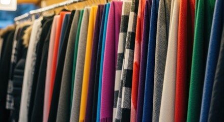 Row of colorful scarves and coats hang on a rack