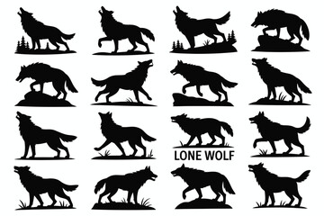 Vector art of collection of wolf silhouettes, howling animal vector illustration for logo, tattoo, design element, and graphic resource
