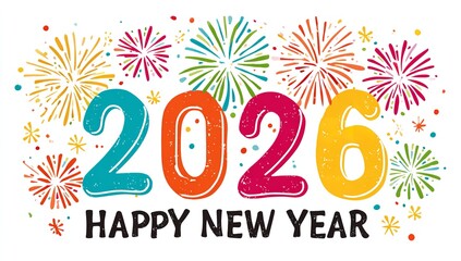 Happy New Year 2026: Colorful Fireworks Celebration Design, Holiday Greeting Card, Festive Background stock asset