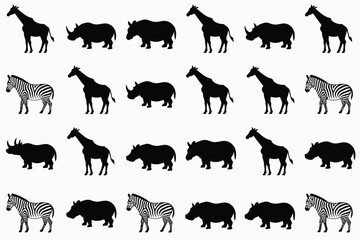 Vector art of seamless pattern with wild animals silhouettes giraffe, rhino, zebra and hippo in black color for textile design