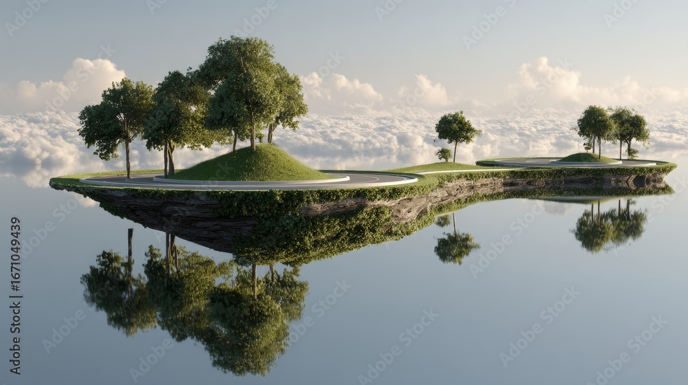 Poster floating island with trees and reflection in calm water