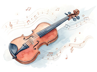 Fototapeta premium Watercolor painting of a violin with musical notes and abstract smoky background