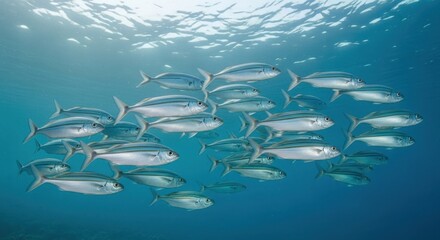 School of silver fish swim together in clear, blue ocean water towards the sun