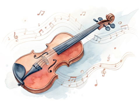 Watercolor painting of a violin with musical notes and abstract smoky background
