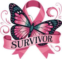 Breast Cancer Survivor Pink Butterfly - October Breast cancer awareness month - pink ribbon sign with white butterfly and pink flowers leaves around on white background.