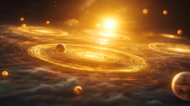 Distant exoplanet discovery visualization, transit light curve. Cosmic scene with swirling planets and radiant sun in space