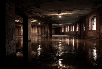 Dark, empty indoor space with reflective polished floor and large illuminating the room