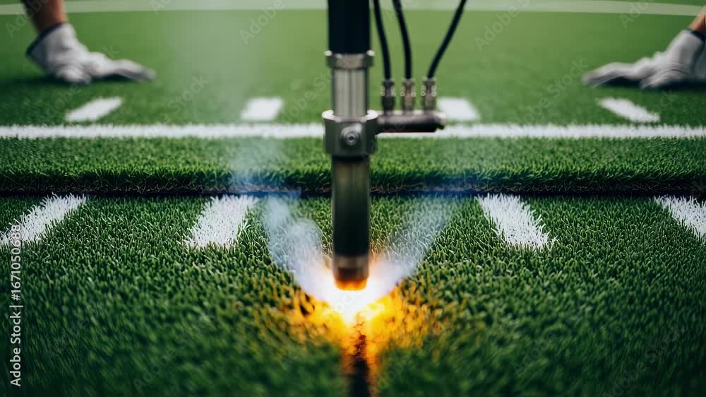 Poster overhead view of synthetic turf seam welding with heated blade joining two sections seamlessly for p
