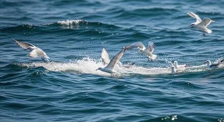 Naklejka premium Seagulls gathering, swooping, and feeding above ocean waves, splashing water around