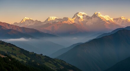 Fototapeta premium Majestic Himalayan Mountains at Sunrise with Fog.