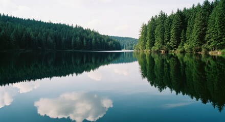 Fototapeta premium Serene lake reflects trees and sky, creating a symmetrical and tranquil vista