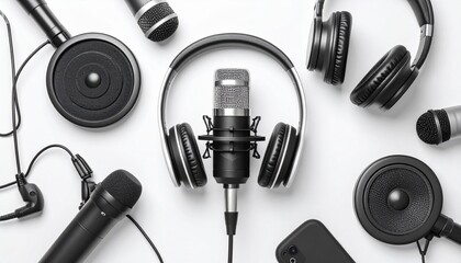 Overhead view of audio equipment including microphone and headphones isolated on white background, ideal for podcast cover, social media, and technology themes.