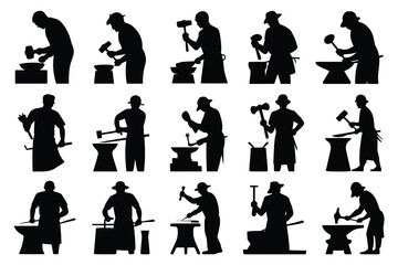 Vector art of silhouettes of blacksmiths working with hammer and anvil, , showcasing the traditional craft and industry