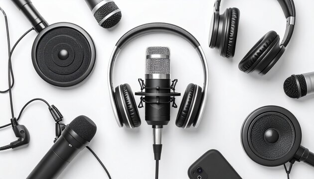 Overhead view of audio equipment including microphone and headphones isolated on white background, ideal for podcast cover, social media, and technology themes.