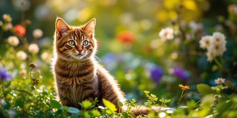 Autumnal Garden Scene with a Relaxed Brown Feline