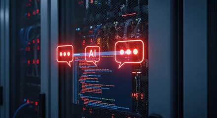 Servers with AI chat icons over code display, emphasizing digital communication
