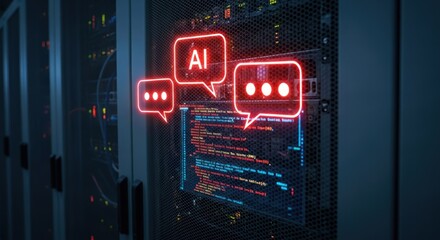Servers with illuminated AI speech bubbles and code overlay